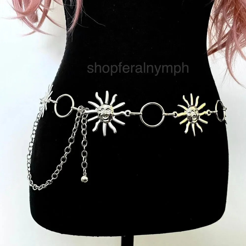 Silver Y2K Celestial Sun Open Ring Chain Belt, Fits 27-46 Inches, X7GA1280